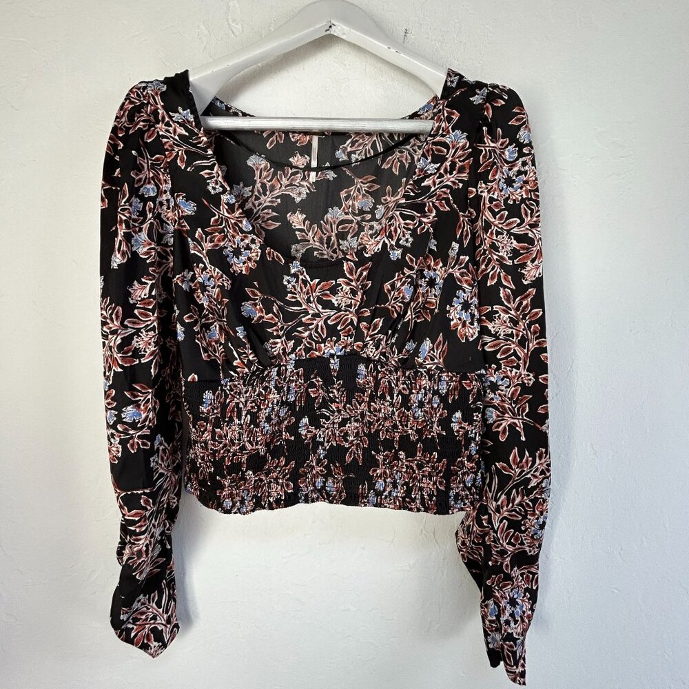Free People Womens Black Floral Long Sleeve Smocked Cropped Top Blouse Large